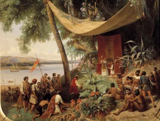 Den första mässan i Amerika (1400-talet). Mässa på Kuba år 1494, Columbus andra resa till Havanna. Detalj
