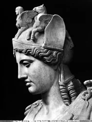 Detalj av ansiktet på Athena Farnese, romersk kejserlig kopia av en bronsstaty från School of Phidias
