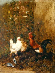 Kycklingar och fåglar (olja på panel)