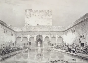 Pool och fontän på innergården i Alberca, Alhambra, skylt 21 från 