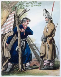 Bivackkosack, av Louis-Philibert Debucourt Ryssland 1700-talstryck