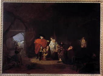 Mänsklighetsdrag hos Ludvig XVI: vintern 1784 ger kungen almonen till invånarna i Versailles Målning av Louis Philibert Debucourt (1755-1832) 1785 Sön. 0,61x0,83 m