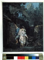 ""Farväl morgon"" (Farväl morgon) Ett par går tidigt på morgonen. Litografi av Philibert Louis Debucourt (1755-1832) 1787 Pushkin Museum Moskva