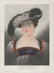 Porträtt av Susanna Lunden, iklädd bredbrättad hatt med fjädrar, ca. 1809-35..