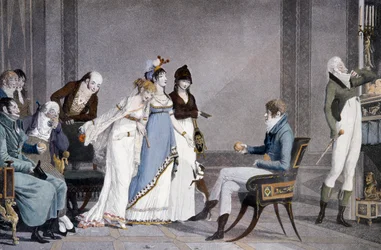 The Orange, av Louis-Philibert Debucourt (1755-1832), akvatint, scen med etruskiskt inspirerade möbler i Directoire-stil, Frankrike