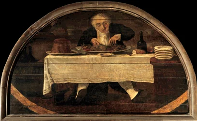 Gourmanden undervisar Corcellet matvaror en gång i det kungliga palatset. En man attable mage en tallrik med skaldjur och skaldjur. Målning av Louis Philibert Debucourt (1755-1832)