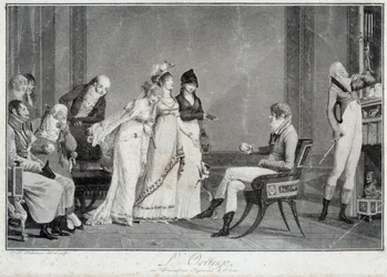 Den orange eller moderna domen i Paris Parodi på domen i Paris som iscensätter en ung man i stil med Directoire (Otroligt) att välja mellan tre underbara. Tryck av Philibert Louis Debucourt (1755-1832) 1800 runt Paris, Musee Carnava