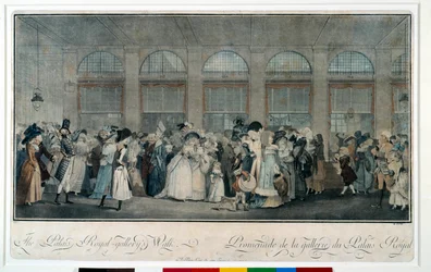 Gå genom galleriet i det kungliga palatset 1787. Gravyr av Louis Philibert Debucourt (1755 - 1832)