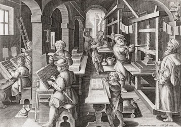 Ett europeiskt tryckeri cirka 1590 (gravyr)