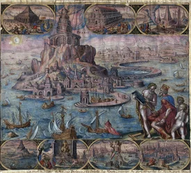 Representation av antikens sju underverk: Fyren i Alexandria (på Pharos Island) i Alexandria, Egypten - Fyren i Alexandria (från serien ""Världens åttonde underverk") Efter Maarten van Heemskerck - Galle, Philip ( 1537-16