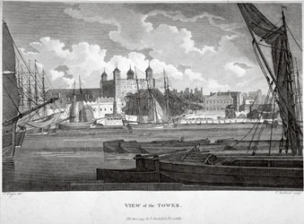 Utsikt över Tower of London med båtar på Themsen, c1790