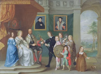 Thomas Howard, 14:e earl av Arundel, får vapen av sina barn för att uppmärksamma hans utnämning till befälhavare för armén mot Skottland 1639