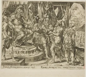 Achior vädjar till Holofernes för israeliterna, tavla ett från The Story of Judith and Holofernes