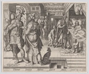Jonadab Counseling Amnon, från The Story of Tamar and Amnon, plåt 1, 1559.,