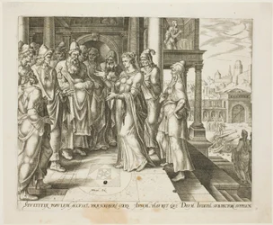 Judith tilltalar de äldste från Bethulia, tallrik tre från The Story of Judith and Holofernes