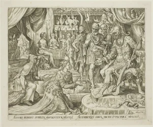 Judith Presenteras för Holofernes, tallrik fem från The Story of Judith and Holofernes