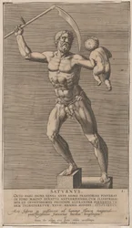 Plåt 1: Saturnus, staty av den nakna guden som står på en sokel och håller en lie på höger sida..., 1586.