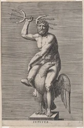 Tavla 2: Jupiter, staty av den nakenguden som sitter på en örn och håller i en dubbel treudd, från..., 1586.