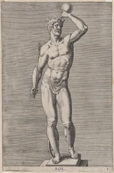 Plåt 4: Apollo, staty av den nakna guden som står på en sockel, bär en krona och håller en..., 1586.