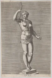 Plåt 7: Diana, staty av den nakna gudinnan som står på en socle, bär en halvmåne i..., 1586.