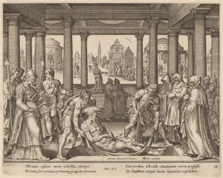 Troende män som bär Saint Stephen till hans begravning