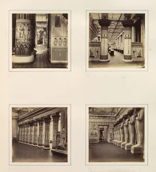 [Utsikt över den egyptiska domstolen, Utsikt genom egyptiska kolonner till klassisk skulptur..., ca. 1859.