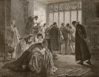 Engelska ambassaden under massakern av St. Bartholomew, illustration från 