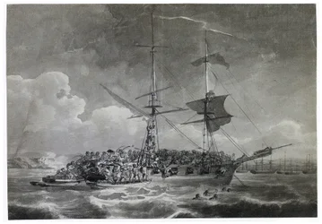 Porträtt av en fransk brigg (tegelsten), La Chevrette (osäkert). Doppad i bläck av Philippe Jacques de Loutherbourg (1740-1812).