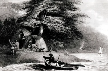 Fuegian Wigwams vid Hope Harbour i Magdalen Channel, graverade av S. Bull, 1838