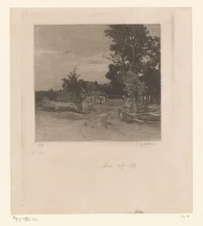 Gård på en landsväg med träd Village (originaltitel)