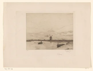 Segling med en roddbåt i ett ängslandskap med en väderkvarn Paysage (originaltitel)