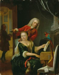Porträtt av en gentleman och hans fru som gör musik i en interiör (olja på panel)