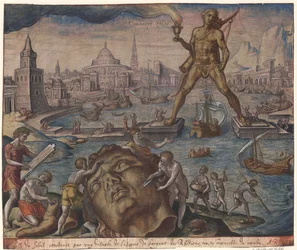 Kolossen på Rhodos ur serien Världens åtta underverk. Efter Maarten van Heemskerck, 1572