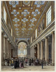 Interiör av kyrkan Notre-Dame de Lorette - i "" Promenade dans Paris et ses environs"", teckningar av Jacottet och Benoist, ed. Bröderna Gihaut