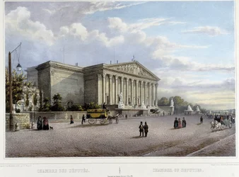 Deputeradekammaren (Nationalförsamlingen) - i "En promenad genom Paris och dess omgivningar", formgiven av Jacottet och Benoist, ca 1840
