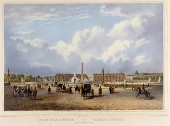Place de la Concorde (obelisk) - i ""Promenera i Paris och dess omgivningar"", designad av Jacottet och Benoist, ca. 1840