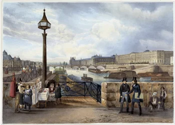 Louvren fångad från Pont Neuf - i "" Promenade dans Paris et ses environs", designad av Jacottet och Benoist, ca. 1840