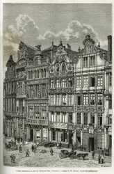 Gamla hus på stadshustorget i Bryssel. Gravyr av Ph. Benoist, för att illustrera historien om Belgien av Camille Lemonnier, publicerad i tour du monde, under ledning av Edouard Charton (1807-1890), Paris