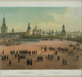 Basiliekatedralen vid Röda torget i Moskva från en panoramautsikt över Moskva i 10 delar, ca 1848