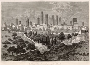 Utsikt över San Gimignano (Toscana, Italien). Gravyr efter ritning av Ph. Benoist, för att illustrera Francis Weys resa till Toscana och Umbrien 1875, publicerad i "Le tour du monde" 1876, redigerad av Edouard Charton, Hachette edition, Paris. Selva