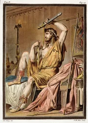 Agamemnon, kostym för "Ifigenia i Aulis" av Jean Racine, ur volym II av "Forskning om alla nationers dräkter och teater", graverad av Pierre Michel Alix (1762-1817), 1802
