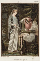 Andromache, kostym till Jean Racines "Andromache", ur volym I av "Forskning om alla nationers dräkter och teater", graverad av Pierre Michel Alix (1762-1817), 1802