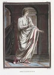 Britannicus, kostym till ”Britannicus” av Jean Racine, ur volym II av ”Forskning om alla nationers dräkter och teater”, graverad av Pierre Michel Alix (1762-1817), 1802