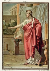 Pyrrhus, kostym till "Andromake" av Jean Racine, ur volym I av "Forskning om alla nationers dräkter och teater", graverad av Pierre Michel Alix (1762-1817), 1802