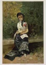 Solitude (ensamstående kvinna som sitter på en bänk en bok på knäna) av Linder