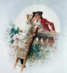 Öm kyss. Galant scen som föreställer ett par som kysser varandra i månskenet. Litografi av Philippe Jacques Linder (1835-?). 1800-talet. Privatsamling