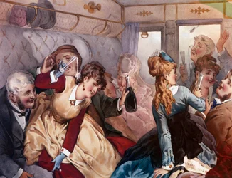 The Pleasure Train En grupp borgerliga dricker och underhåller sig i en vagn. Litografi av Philippe Jacques Linder
