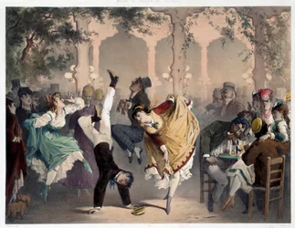 Rutnätet har Bullier Scene populär underhållning. Litografi av Philippe Jacques Linder (1835-?). Serie Museum of Manners and Actions. Carnavalet-museet, Paris