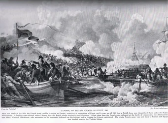 De brittiska truppernas landstigning i Egypten 1801, illustration från "Hutchinson
