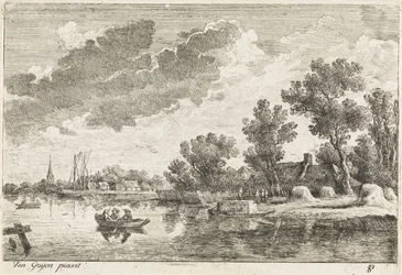 Flodlandskap med roddbåt